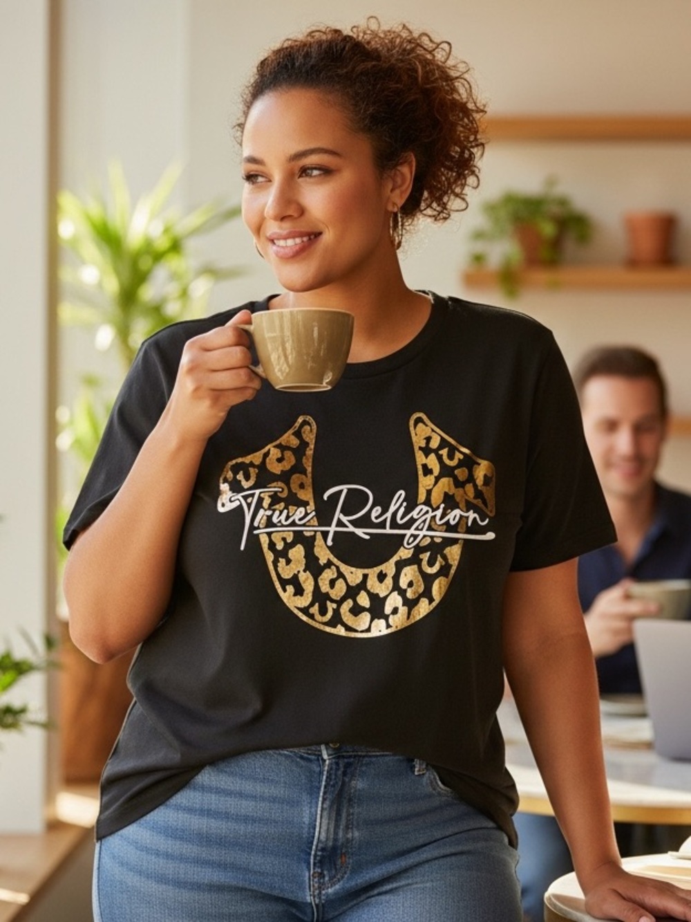 NWT True Religion Women's Leopard Print Horseshoe Graphic T-Shirt Black XXL